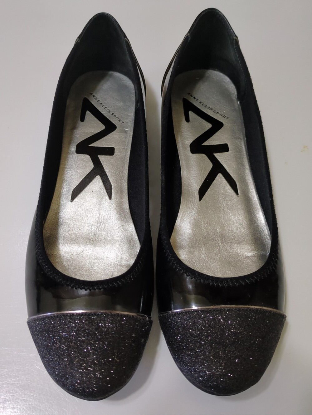 Anne Klein Sport Black Patent Ballet Flats with Glitter Toe